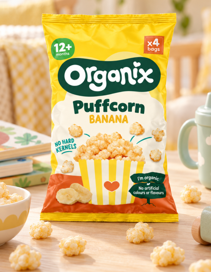 Πολυσυσκευασία Σνακ Καλαμποκιού Puffcorn με Μπανάνα +12τμ  (4x10gr) ΧΓΛ Organix