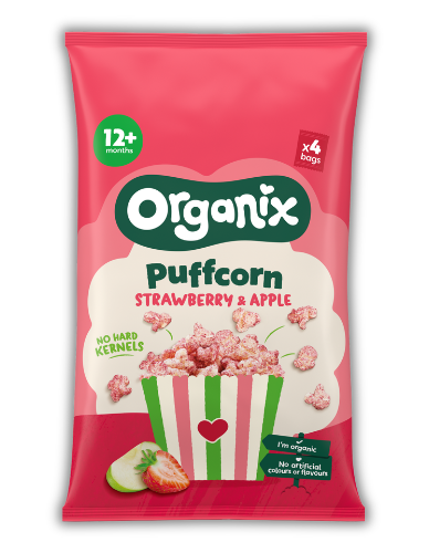 Πολυσυσκευασία Σνακ Καλαμποκιού Puffcorn με Φράουλα & Μήλο +12μ (4x10gr) Organix
