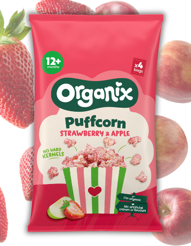 Πολυσυσκευασία Σνακ Καλαμποκιού Puffcorn με Φράουλα & Μήλο +12μ (4x10gr) Organix