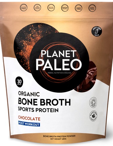 Βιολογική Πρωτεΐνη Ζωμού Οστών 'Bone Broth Sports' Σοκολάτα (480γρ) Planet Paleo
