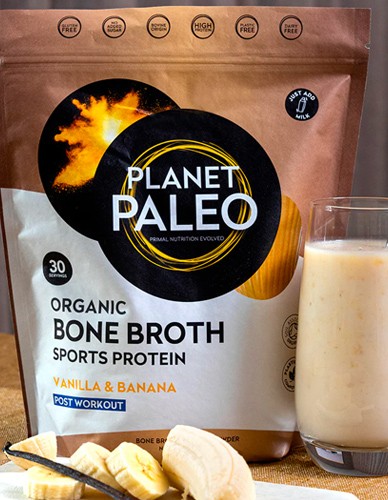 Βιολογική Πρωτεΐνη Ζωμού Οστών 'Bone Broth Sports' με Βανίλια & Μπανάνα (480γρ) Planet Paleo