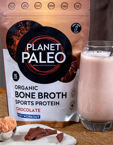 Βιολογική Πρωτεΐνη Ζωμού Οστών 'Bone Broth Sports' Σοκολάτα (480γρ) Planet Paleo