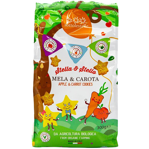 Vegan Μπισκότα Αστεράκια με Μήλο & Καρότο 'Stella & Stello' - Χωρίς Ζάχαρη (300γρ) Sottolestelle