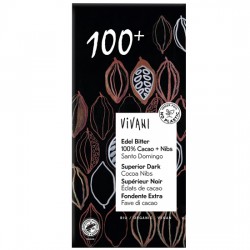 Μαύρη Σοκολάτα με 100% Κακάο & Κομμάτια Κακάο (80γρ) Vivani