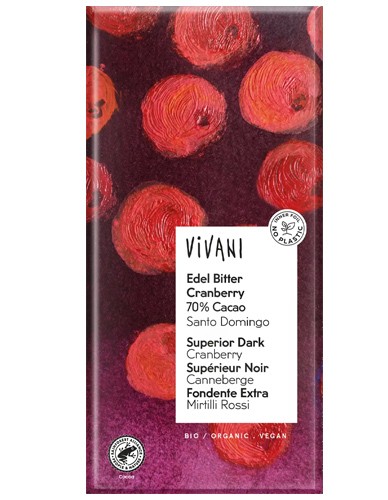 Μαύρη Σοκολάτα 70% Κακάο & Κράνμπερι (80γρ) Vivani