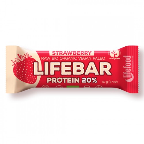 Ωμή Vegan Μπάρα Πρωτεΐνης 'Φράουλα' Lifebar - Χωρίς Γλουτένη/Ζάχαρη (47γρ) Lifefood